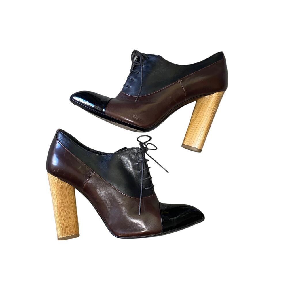 39.5 YSL Black Brown Oxford Pointed Toe Lace Up Wooden Block Heel Bootie